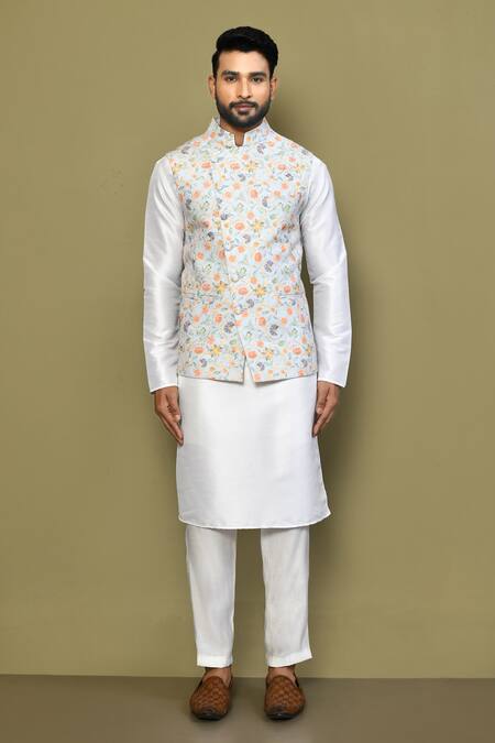 Shop_Arihant Rai Sinha_Blue Cotton Embroidery Florette Print Bundi And Kurta Set_Online_at_Aza_Fashions