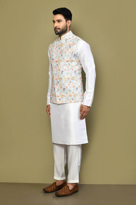 Arihant Rai Sinha_Blue Cotton Embroidery Florette Print Bundi And Kurta Set_at_Aza_Fashions