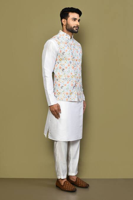 Buy_Arihant Rai Sinha_Blue Cotton Embroidery Florette Print Bundi And Kurta Set