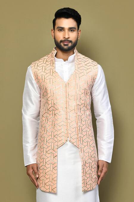 Buy_Arihant Rai Sinha_Peach Satin, Cotton Gota Patti, Embroidery Work Bundi And Kurta Set_Online_at_Aza_Fashions