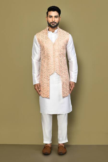 Shop_Arihant Rai Sinha_Peach Satin, Cotton Gota Patti, Embroidery Work Bundi And Kurta Set_Online_at_Aza_Fashions
