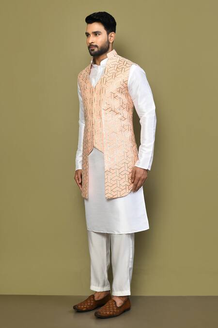Arihant Rai Sinha_Peach Satin, Cotton Gota Patti, Embroidery Work Bundi And Kurta Set_at_Aza_Fashions