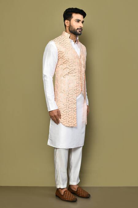 Buy_Arihant Rai Sinha_Peach Satin, Cotton Gota Patti, Embroidery Work Bundi And Kurta Set