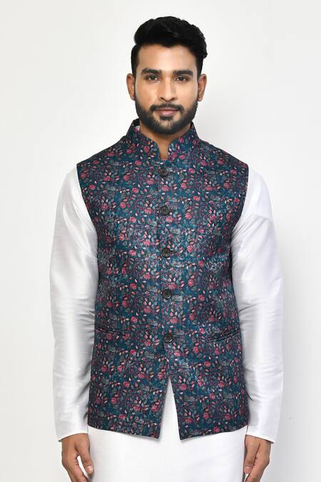 Buy Arihant Rai Sinha Blue Silk, Cotton Embroidery Garden Print Bundi And Kurta Set Online at Aza Fashions Buy_Arihant Rai Sinha_Blue Silk, Cotton Embroidery Garden Print Bundi And Kurta Set_Online_at_Aza_Fashions