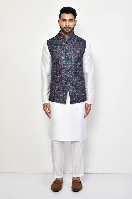 Shop_Arihant Rai Sinha_Blue Silk, Cotton Embroidery Garden Print Bundi And Kurta Set_Online_at_Aza_Fashions