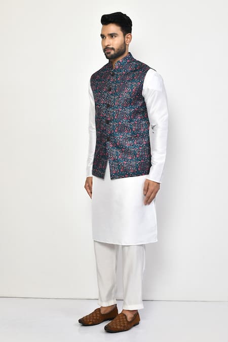 Arihant Rai Sinha_Blue Silk, Cotton Embroidery Garden Print Bundi And Kurta Set_at_Aza_Fashions