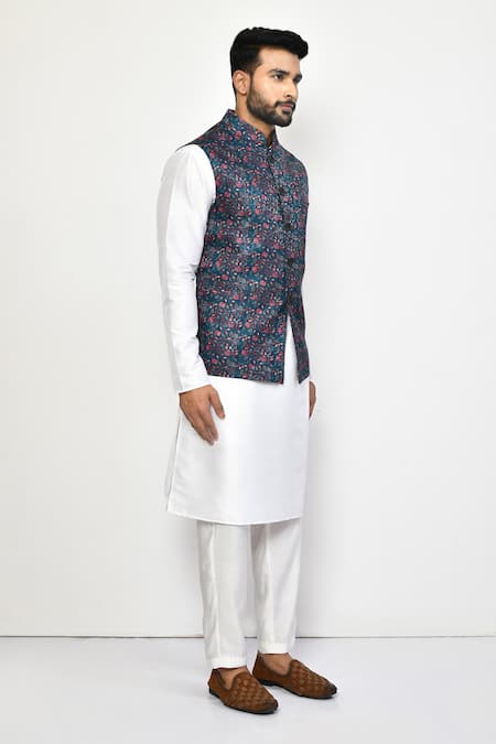 Buy_Arihant Rai Sinha_Blue Silk, Cotton Embroidery Garden Print Bundi And Kurta Set