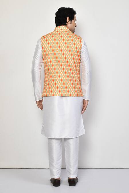 Shop_Arihant Rai Sinha_Yellow Silk, Cotton Diamonds Print Bundi And Kurta Set_at_Aza_Fashions