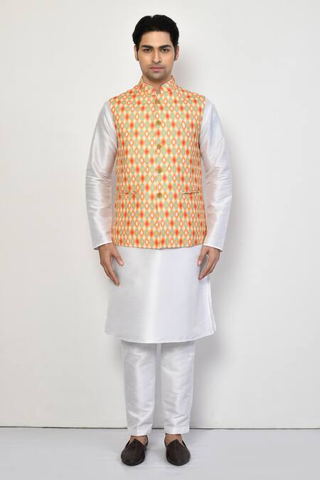 Buy_Arihant Rai Sinha_Yellow Silk, Cotton Diamonds Print Bundi And Kurta Set_Online_at_Aza_Fashions