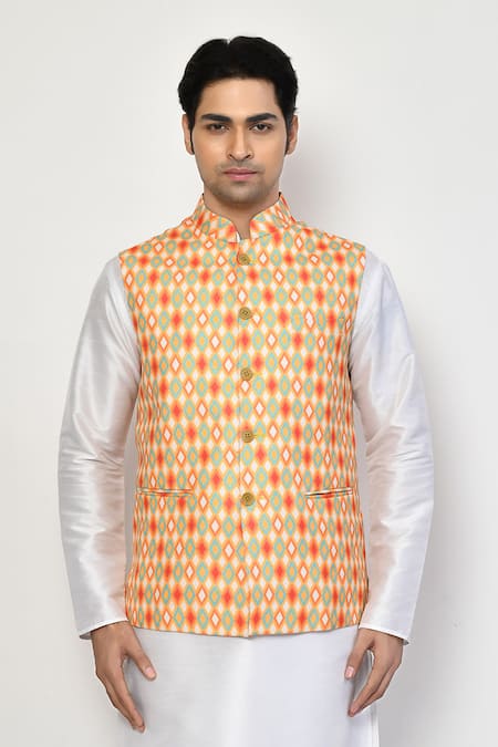 Shop Arihant Rai Sinha Yellow Silk, Cotton Diamonds Print Bundi And Kurta Set Online at Aza Fashions Shop_Arihant Rai Sinha_Yellow Silk, Cotton Diamonds Print Bundi And Kurta Set_Online_at_Aza_Fashions