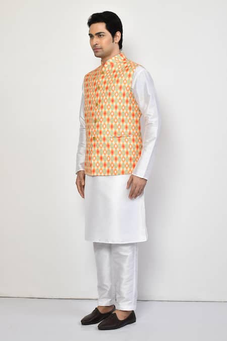 Arihant Rai Sinha_Yellow Silk, Cotton Diamonds Print Bundi And Kurta Set_at_Aza_Fashions