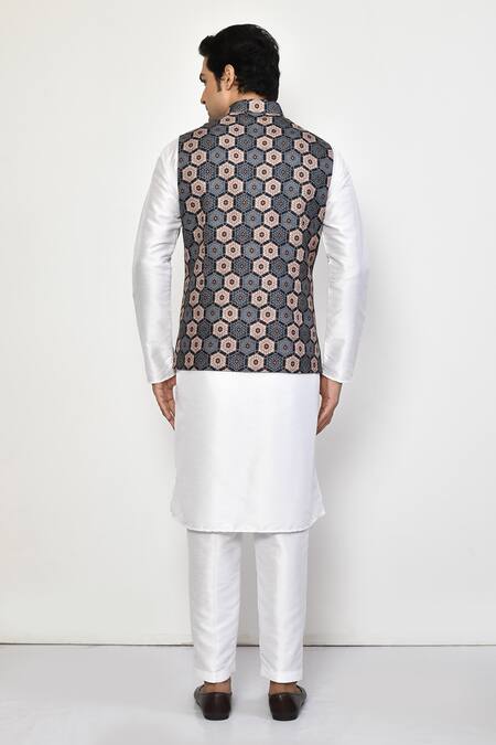 Shop_Arihant Rai Sinha_Blue Silk, Cotton Hexagon Print Bundi And Kurta Set_at_Aza_Fashions