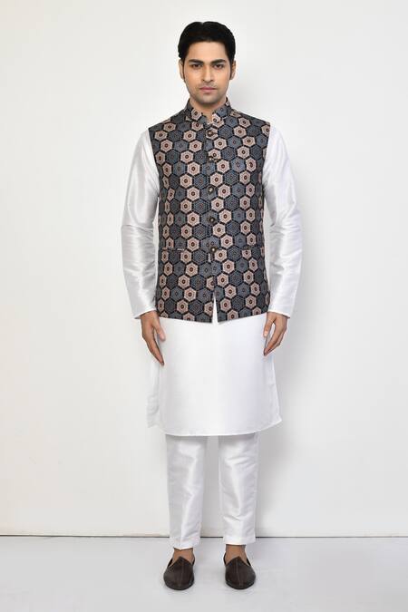 Buy_Arihant Rai Sinha_Blue Silk, Cotton Hexagon Print Bundi And Kurta Set_Online_at_Aza_Fashions