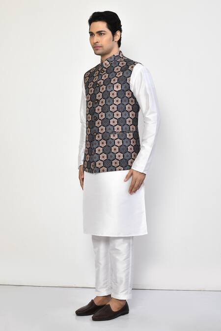 Arihant Rai Sinha_Blue Silk, Cotton Hexagon Print Bundi And Kurta Set_at_Aza_Fashions