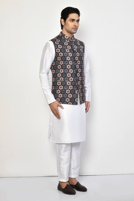 Buy_Arihant Rai Sinha_Blue Silk, Cotton Hexagon Print Bundi And Kurta Set