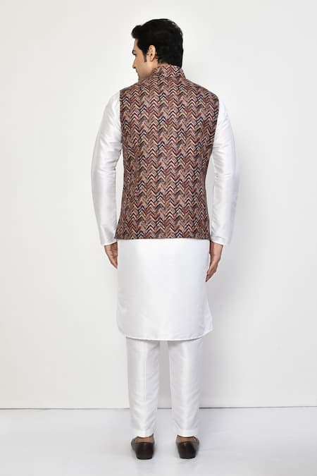 Shop_Arihant Rai Sinha_Brown Silk, Cotton Chevron Print Bundi And Kurta Set _at_Aza_Fashions