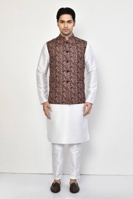 Buy_Arihant Rai Sinha_Brown Silk, Cotton Chevron Print Bundi And Kurta Set _Online_at_Aza_Fashions