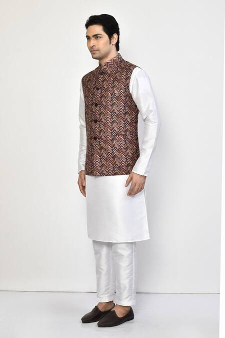 Arihant Rai Sinha_Brown Silk, Cotton Chevron Print Bundi And Kurta Set _at_Aza_Fashions