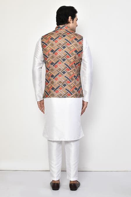 Shop_Arihant Rai Sinha_Brown Silk, Cotton Square Print Bundi And Kurta Set _at_Aza_Fashions