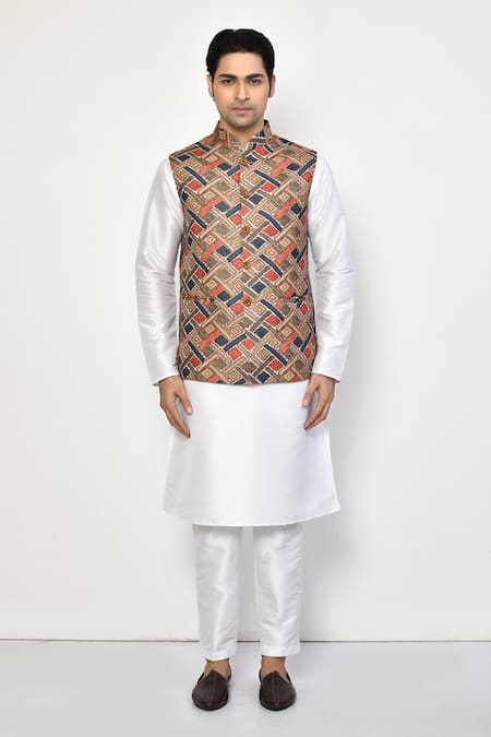 Buy_Arihant Rai Sinha_Brown Silk, Cotton Square Print Bundi And Kurta Set _Online_at_Aza_Fashions
