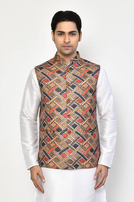 Shop_Arihant Rai Sinha_Brown Silk, Cotton Square Print Bundi And Kurta Set _Online_at_Aza_Fashions
