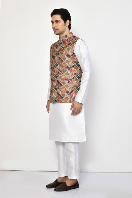 Arihant Rai Sinha_Brown Silk, Cotton Square Print Bundi And Kurta Set _at_Aza_Fashions