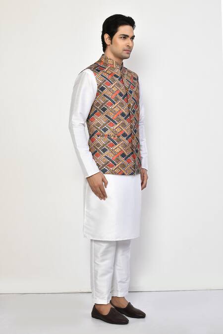 Buy_Arihant Rai Sinha_Brown Silk, Cotton Square Print Bundi And Kurta Set 