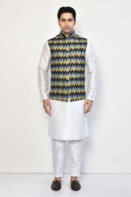 Buy_Arihant Rai Sinha_Blue Cotton Ikat Print Bundi And Kurta Set _Online_at_Aza_Fashions
