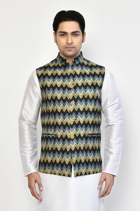 Shop_Arihant Rai Sinha_Blue Cotton Ikat Print Bundi And Kurta Set _Online_at_Aza_Fashions