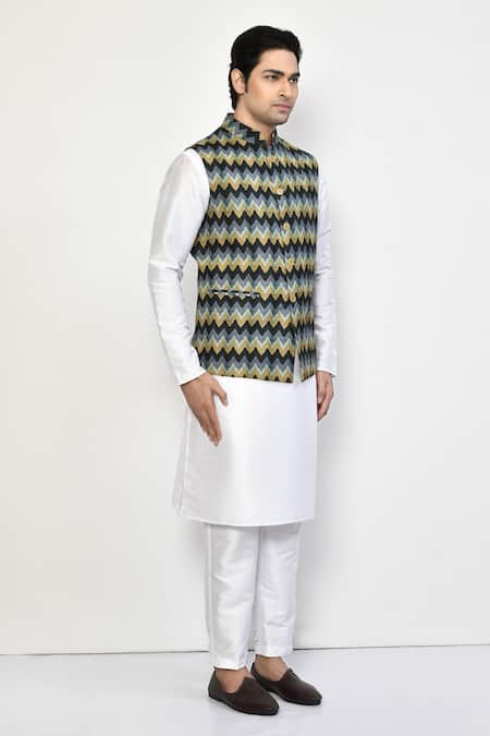 Buy_Arihant Rai Sinha_Blue Cotton Ikat Print Bundi And Kurta Set 