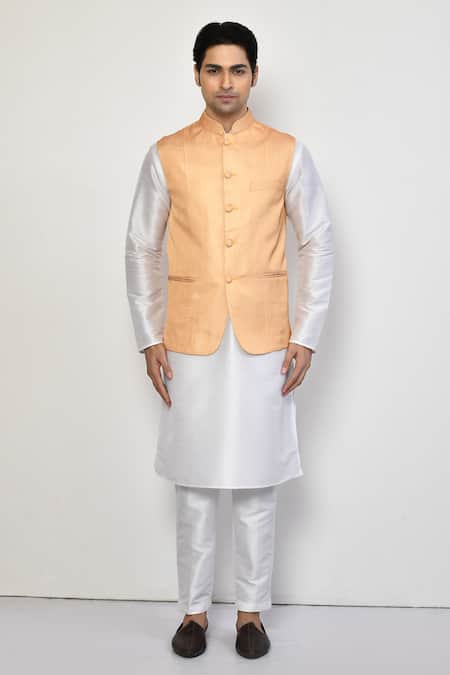 Buy_Arihant Rai Sinha_Orange Silk, Cotton Bundi And Kurta Set_Online_at_Aza_Fashions
