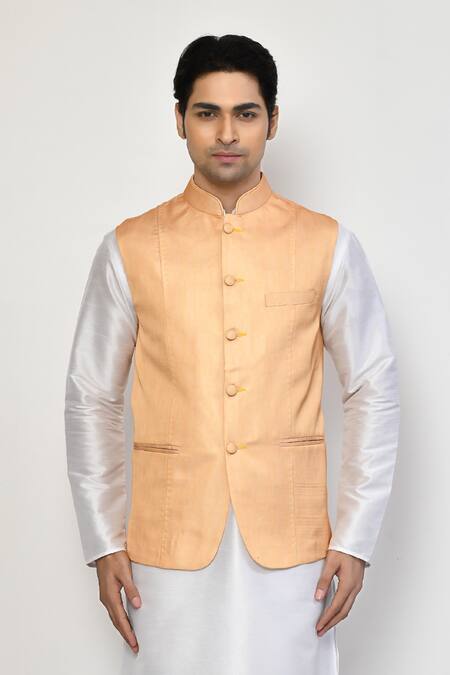 Shop_Arihant Rai Sinha_Orange Silk, Cotton Bundi And Kurta Set_Online_at_Aza_Fashions