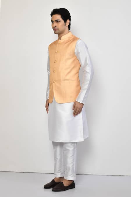 Arihant Rai Sinha_Orange Silk, Cotton Bundi And Kurta Set_at_Aza_Fashions