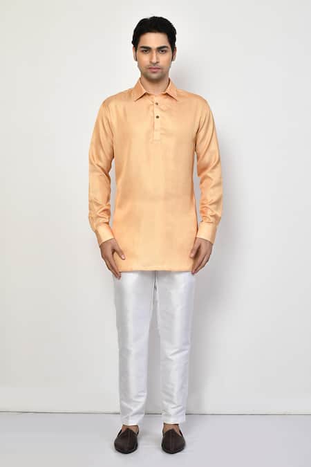 Buy_Arihant Rai Sinha_Orange Silk, Cotton Full Sleeve Plain Kurta Set_Online_at_Aza_Fashions