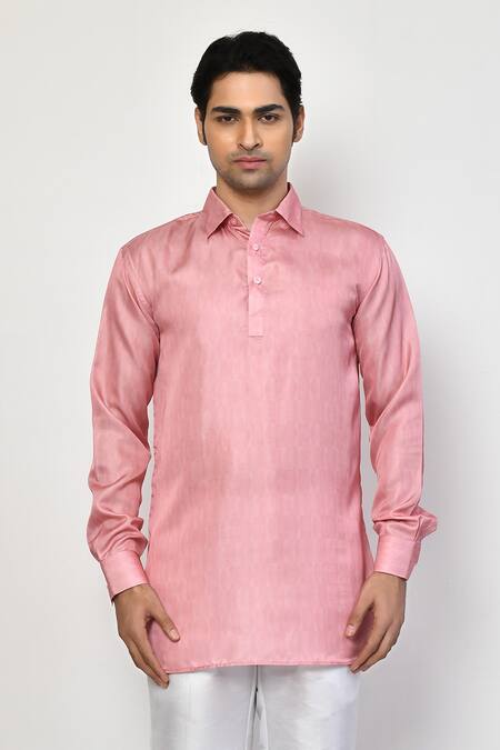 Shop Arihant Rai Sinha Pink Satin, Cotton Straight Short Kurta And Pant Set Online at Aza Fashions Shop_Arihant Rai Sinha_Pink Satin, Cotton Straight Short Kurta And Pant Set_Online_at_Aza_Fashions