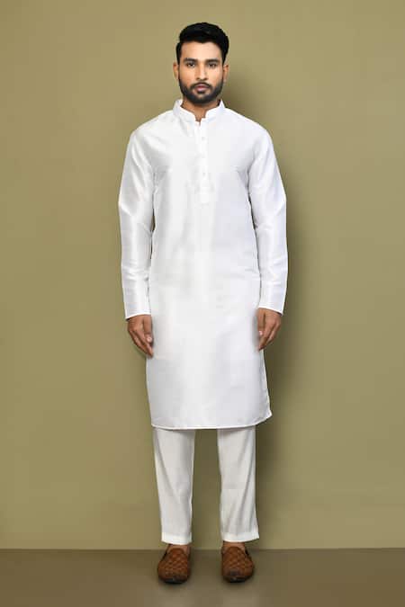 Shop_Arihant Rai Sinha_White , Satin Plain Straight Kurta Pant Set_Online_at_Aza_Fashions