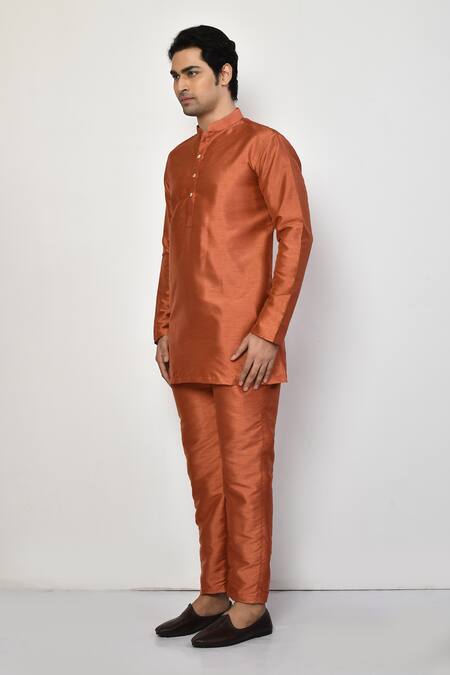 Arihant Rai Sinha_Orange Silk, Cotton Short Plain Kurtaand Pant Set _at_Aza_Fashions