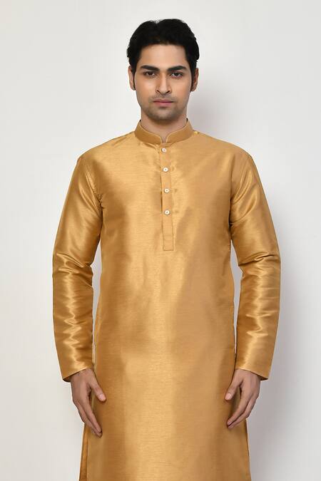 Buy_Arihant Rai Sinha_Gold Silk, Cotton Metallic Plain Long Kurta Set _Online_at_Aza_Fashions