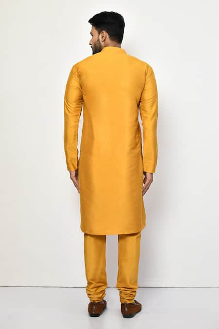 Shop_Arihant Rai Sinha_Yellow Silk, Cotton Bright Plain Long Kurta Set _at_Aza_Fashions