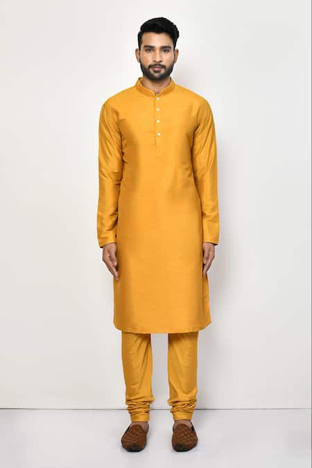Shop_Arihant Rai Sinha_Yellow Silk, Cotton Bright Plain Long Kurta Set _Online_at_Aza_Fashions