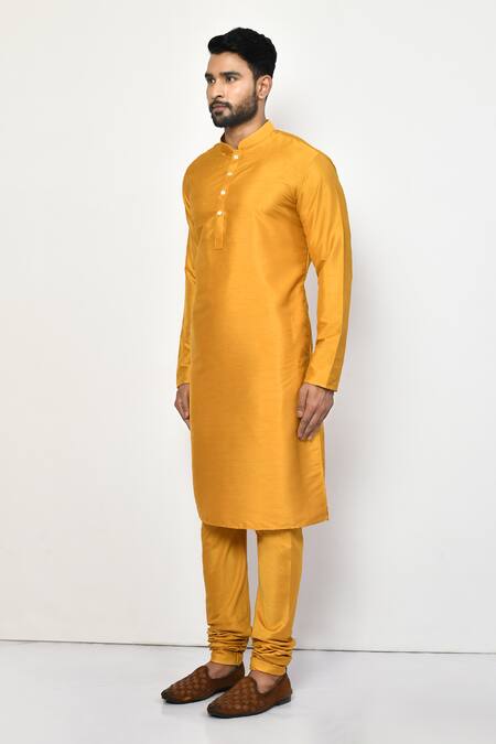 Arihant Rai Sinha_Yellow Silk, Cotton Bright Plain Long Kurta Set _at_Aza_Fashions