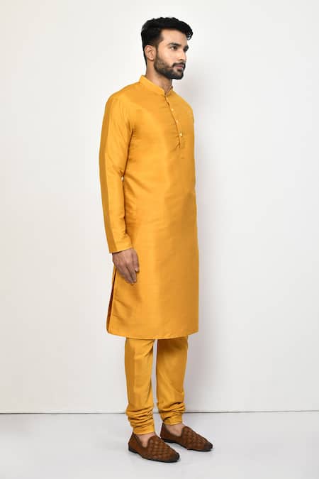 Buy_Arihant Rai Sinha_Yellow Silk, Cotton Bright Plain Long Kurta Set 