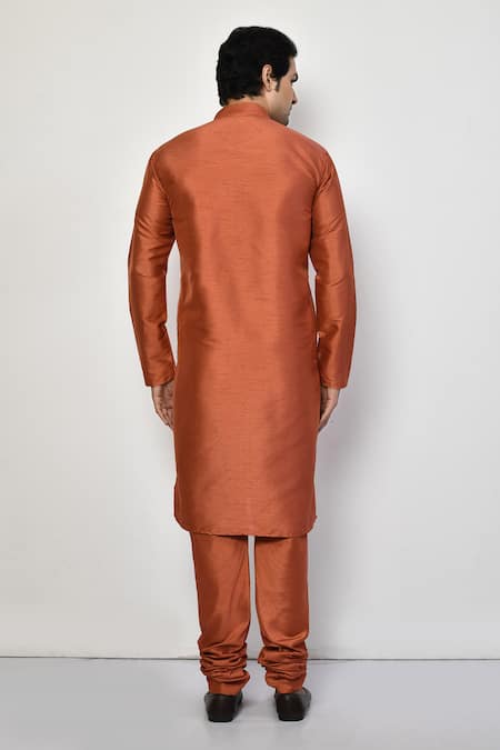 Shop_Arihant Rai Sinha_Orange Silk, Cotton Plain Long Bright Kurta Set _at_Aza_Fashions