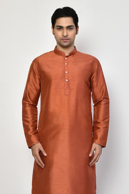 Buy_Arihant Rai Sinha_Orange Silk, Cotton Plain Long Bright Kurta Set _Online_at_Aza_Fashions