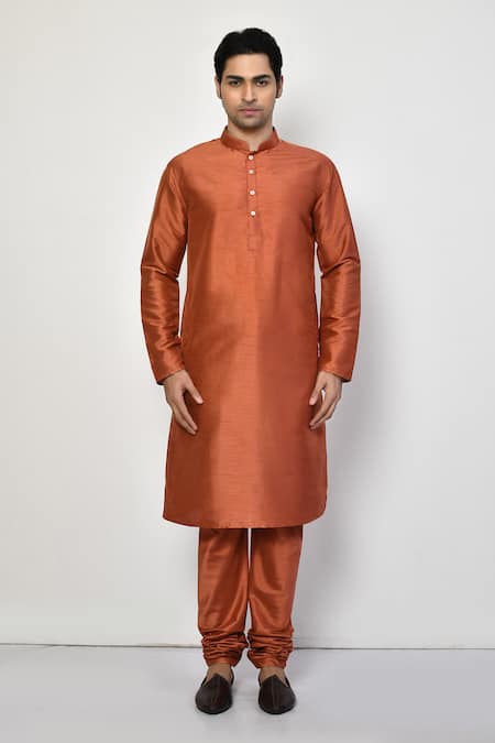 Shop_Arihant Rai Sinha_Orange Silk, Cotton Plain Long Bright Kurta Set _Online_at_Aza_Fashions