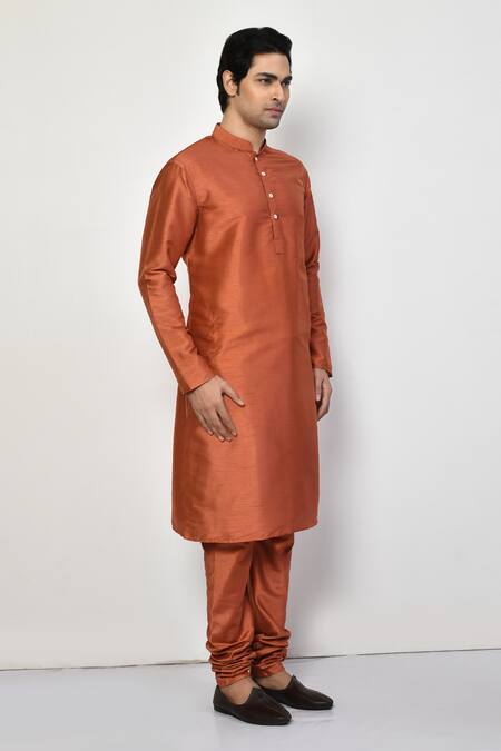 Buy_Arihant Rai Sinha_Orange Silk, Cotton Plain Long Bright Kurta Set 