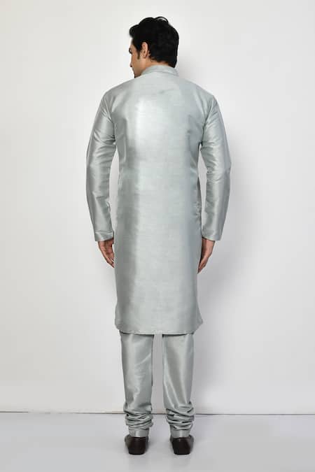 Shop_Arihant Rai Sinha_Grey Silk, Cotton Plain Long Metallic Kurta Set _at_Aza_Fashions