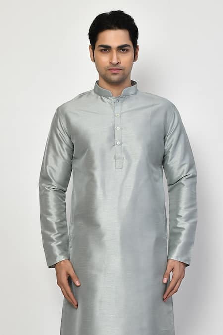 Buy_Arihant Rai Sinha_Grey Silk, Cotton Plain Long Metallic Kurta Set _Online_at_Aza_Fashions