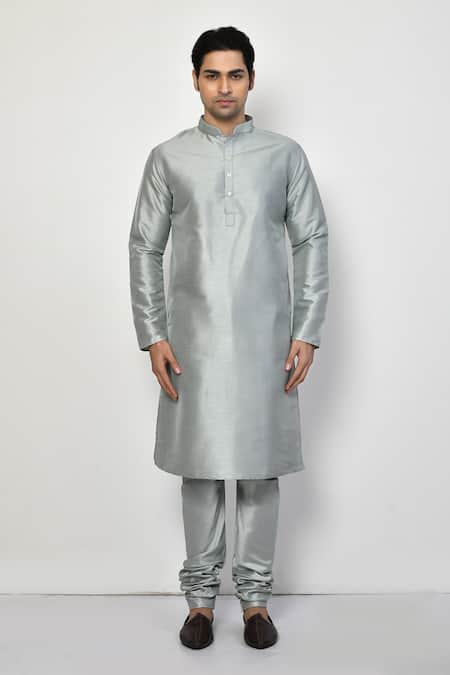 Shop_Arihant Rai Sinha_Grey Silk, Cotton Plain Long Metallic Kurta Set _Online_at_Aza_Fashions