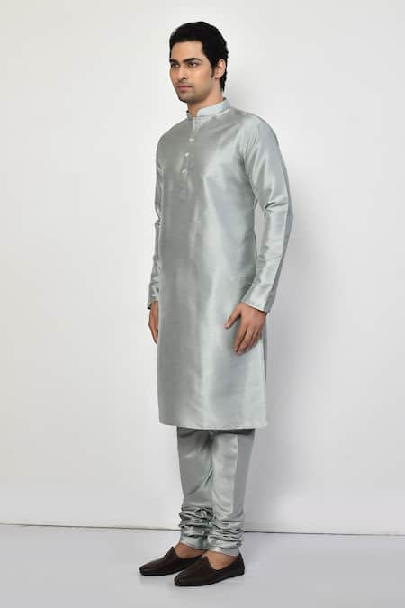 Arihant Rai Sinha_Grey Silk, Cotton Plain Long Metallic Kurta Set _at_Aza_Fashions